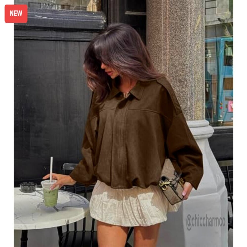 Faux Suede Bomber Jacket Oversized Cropped Lapel Motorcycle Style - Picture 2 of 7